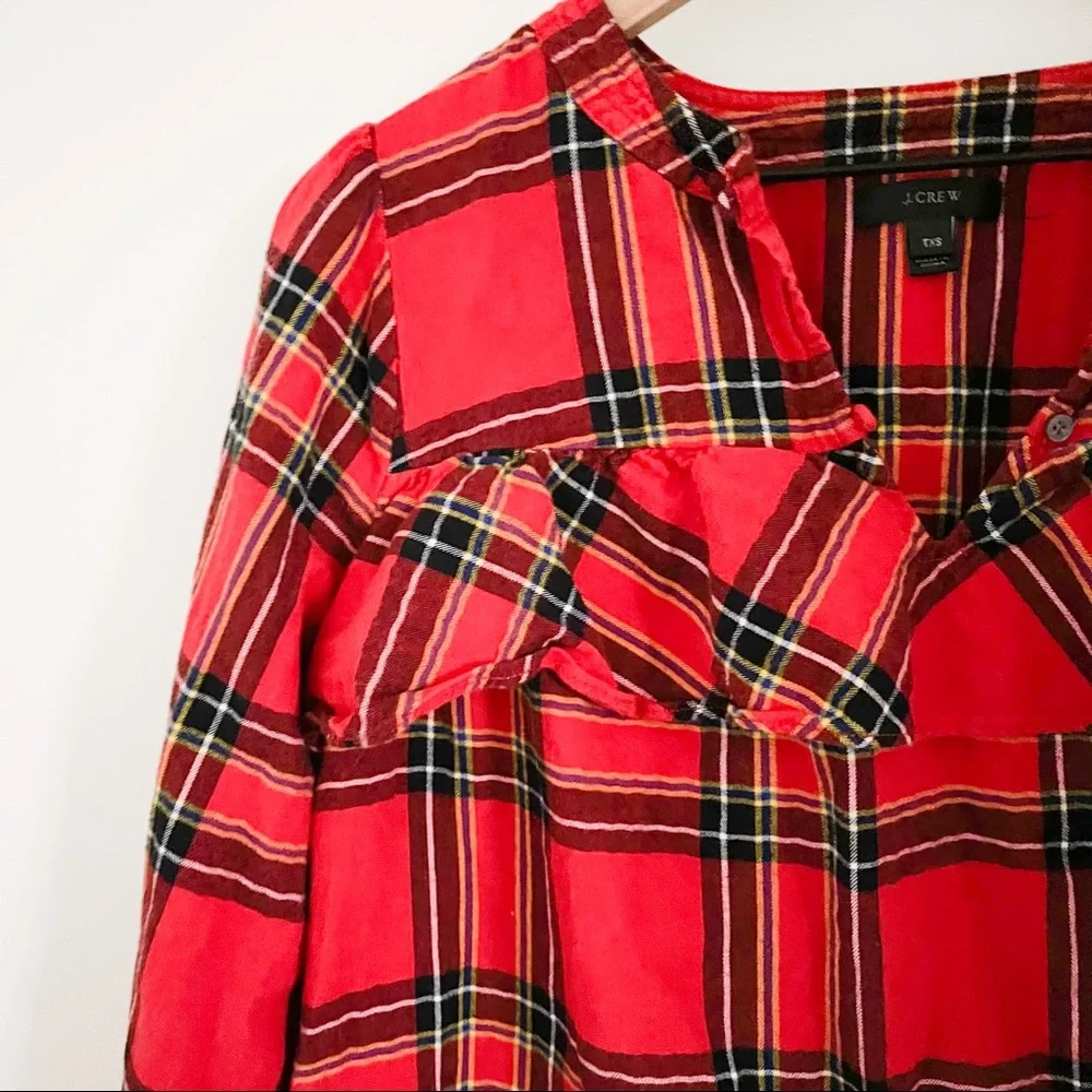 J. Crew Flannel Top In Festive Plaid And Ruffle